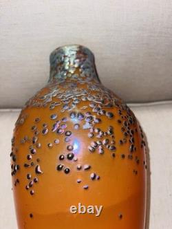 Vintage Irridescent Art Glass Vase Zellique Studio Orange Blue Dots 12 High