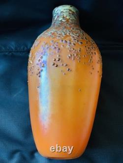 Vintage Irridescent Art Glass Vase Zellique Studio Orange Blue Dots 12 High