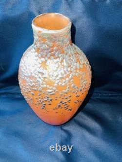 Vintage Irridescent Art Glass Vase Zellique Studio Orange Blue Dots 12 High