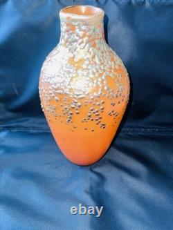 Vintage Irridescent Art Glass Vase Zellique Studio Orange Blue Dots 12 High