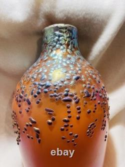 Vintage Irridescent Art Glass Vase Zellique Studio Orange Blue Dots 12 High