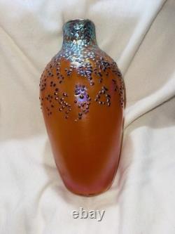 Vintage Irridescent Art Glass Vase Zellique Studio Orange Blue Dots 12 High
