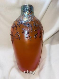 Vintage Irridescent Art Glass Vase Zellique Studio Orange Blue Dots 12 High