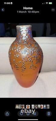 Vintage Irridescent Art Glass Vase Zellique Studio Orange Blue Dots 12 High