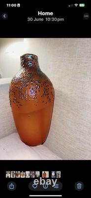 Vintage Irridescent Art Glass Vase Zellique Studio Orange Blue Dots 12 High