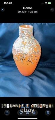 Vintage Irridescent Art Glass Vase Zellique Studio Orange Blue Dots 12 High