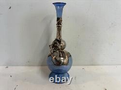 Vintage Isaraeli Blue Art Glass Decorative Vase with Silver Overlay