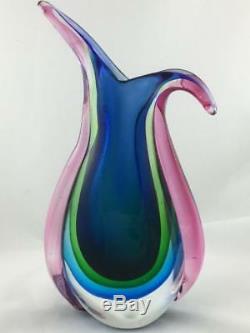 Vintage Italian Murano Sommerso Pink Green Blue Aqua Coloured Art Glass Vase