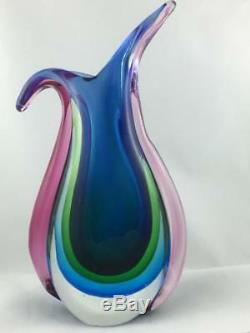 Vintage Italian Murano Sommerso Pink Green Blue Aqua Coloured Art Glass Vase