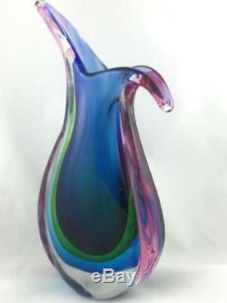 Vintage Italian Murano Sommerso Pink Green Blue Aqua Coloured Art Glass Vase