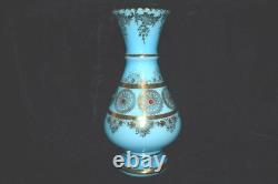 Vintage JEWELLED Gold Blue Opaline Glass Venetian Murano Vase 12 1/4H