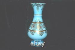 Vintage JEWELLED Gold Blue Opaline Glass Venetian Murano Vase 12 1/4H
