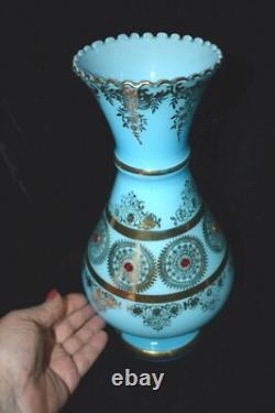Vintage JEWELLED Gold Blue Opaline Glass Venetian Murano Vase 12 1/4H