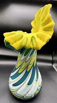 Vintage Jack In The Pulpit Art Glass Vase, Essie Zareh Baijan Yellow Blue Cased