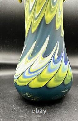 Vintage Jack In The Pulpit Art Glass Vase, Essie Zareh Baijan Yellow Blue Cased
