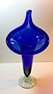 Vintage Jack-In-The-Pulpit Cobalt Blue Hand-Blown Glass Vase 16 Vivid & Heavy