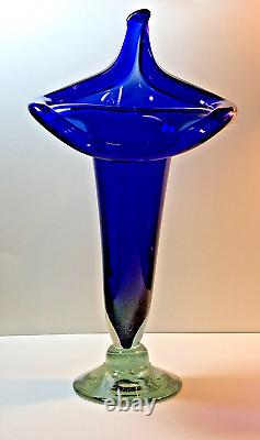 Vintage Jack-In-The-Pulpit Cobalt Blue Hand-Blown Glass Vase 16 Vivid & Heavy