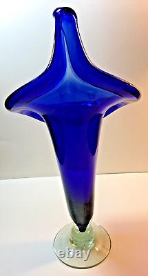 Vintage Jack-In-The-Pulpit Cobalt Blue Hand-Blown Glass Vase 16 Vivid & Heavy