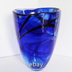 Vintage Kosta Boda Art Glass Contrast Vase Blue With White Accents Sweden