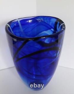 Vintage Kosta Boda Art Glass Contrast Vase Blue With White Accents Sweden