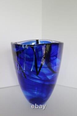 Vintage Kosta Boda Art Glass Contrast Vase Blue With White Accents Sweden