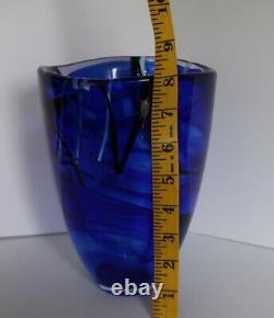 Vintage Kosta Boda Art Glass Contrast Vase Blue With White Accents Sweden