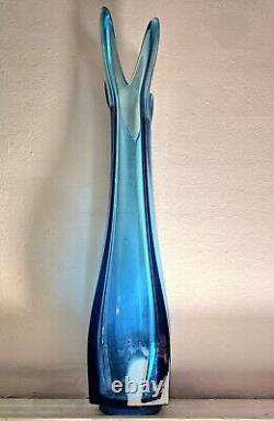 Vintage L. E. Smith MCM Peacock Blue Four Square 4 Finger Glass Swung Vase 21.25