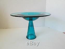Vintage LE Smith Glass BLUE UFO Pedestal Taper Candleholder Mid Century Modern