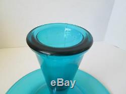 Vintage LE Smith Glass BLUE UFO Pedestal Taper Candleholder Mid Century Modern