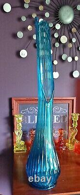 Vintage LE Smith Glass Vase Simplicity Swung Peacock Blue Ribbed 28 Tall