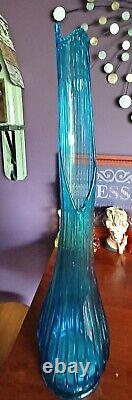 Vintage LE Smith Glass Vase Simplicity Swung Peacock Blue Ribbed 28 Tall