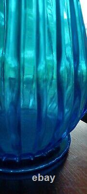 Vintage LE Smith Glass Vase Simplicity Swung Peacock Blue Ribbed 28 Tall