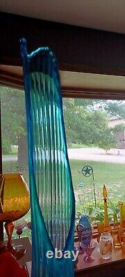 Vintage LE Smith Glass Vase Simplicity Swung Peacock Blue Ribbed 28 Tall