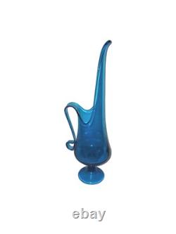 Vintage LE Smith Simplicity Large Art Glass Swung Vase Pitcher 16H Peacock Blue