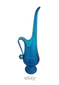 Vintage LE Smith Simplicity Large Art Glass Swung Vase Pitcher 16H Peacock Blue