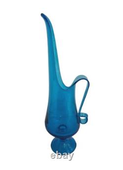 Vintage LE Smith Simplicity Large Art Glass Swung Vase Pitcher 16H Peacock Blue
