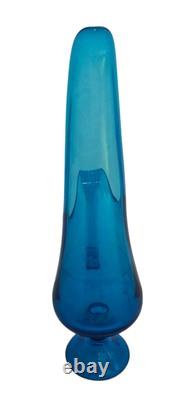 Vintage LE Smith Simplicity Large Art Glass Swung Vase Pitcher 16H Peacock Blue