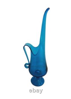 Vintage LE Smith Simplicity Large Art Glass Swung Vase Pitcher 16H Peacock Blue