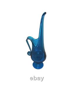 Vintage LE Smith Simplicity Large Art Glass Swung Vase Pitcher 16H Peacock Blue