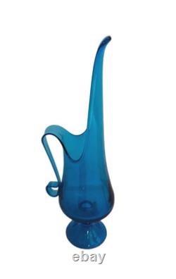 Vintage LE Smith Simplicity Large Art Glass Swung Vase Pitcher 16H Peacock Blue