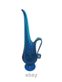 Vintage LE Smith Simplicity Large Art Glass Swung Vase Pitcher 16H Peacock Blue