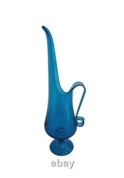 Vintage LE Smith Simplicity Large Art Glass Swung Vase Pitcher 16H Peacock Blue