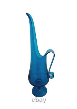 Vintage LE Smith Simplicity Large Art Glass Swung Vase Pitcher 16H Peacock Blue