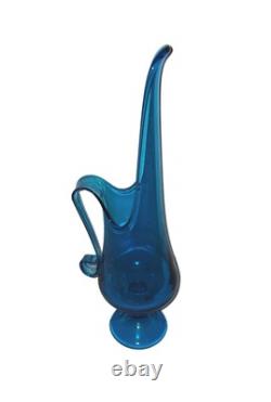 Vintage LE Smith Simplicity Large Art Glass Swung Vase Pitcher 16H Peacock Blue