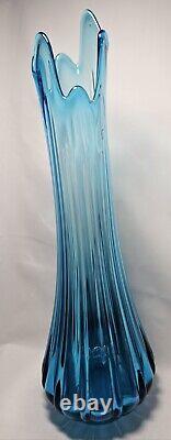 Vintage LE Smith Vase Simplicity Ribbed Swung Peacock Blue Ribbed 22 Tall