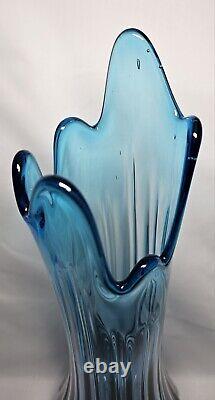 Vintage LE Smith Vase Simplicity Ribbed Swung Peacock Blue Ribbed 22 Tall