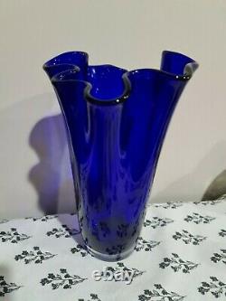 Vintage Large Cobalt Blue Ruffled 10 Blown Glass Vase Poland Polish Jozephina