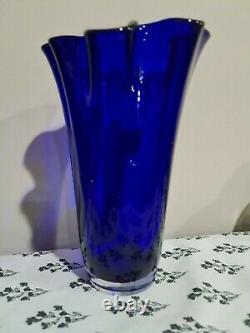 Vintage Large Cobalt Blue Ruffled 10 Blown Glass Vase Poland Polish Jozephina