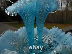 Vintage Large Fenton Sea Blue Hobnail Opalescent Art Glass Flower Epergne Vase
