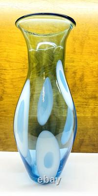 Vintage Large Hand Blown Blue With White Art Glass Vase 17.25